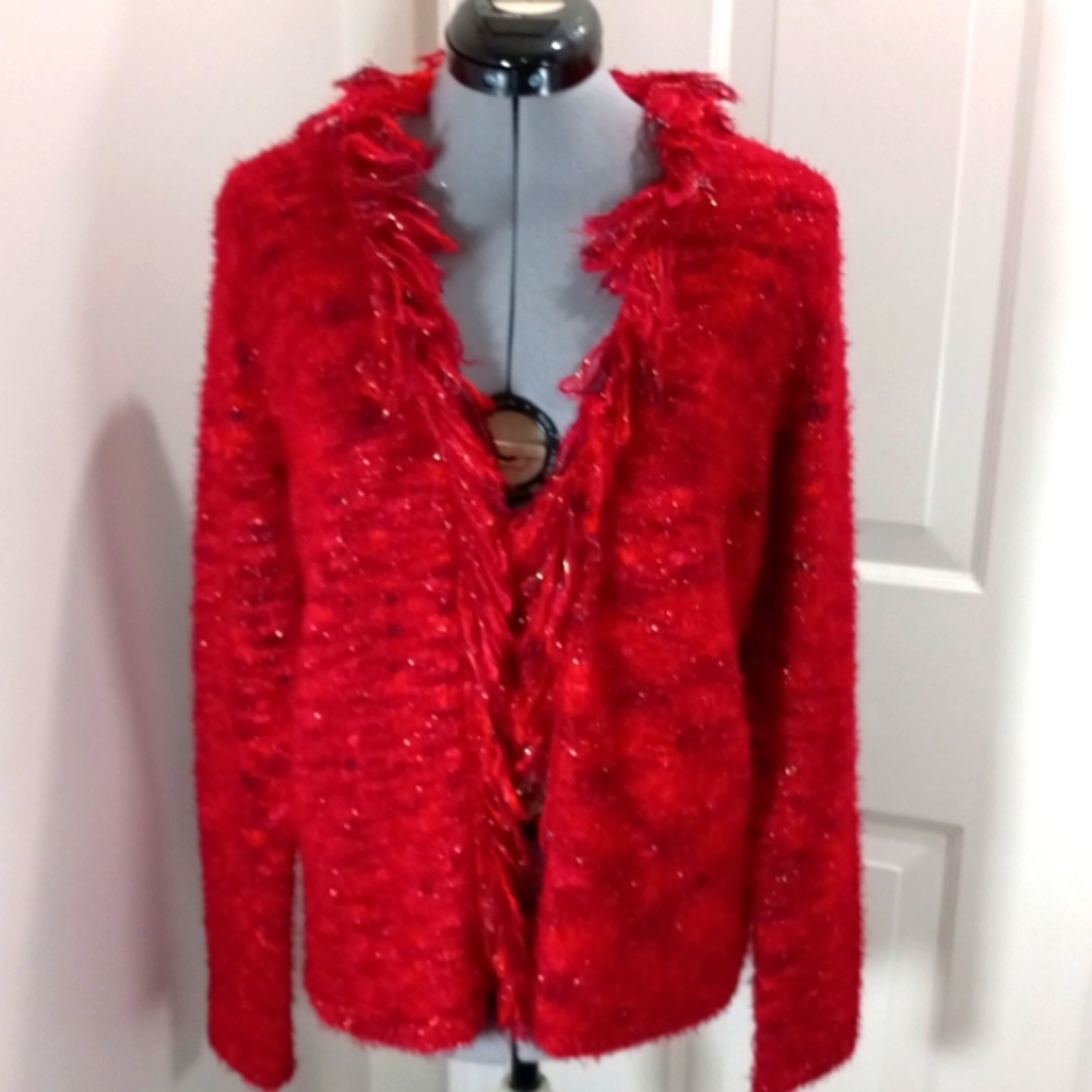 Womens  Sz S Red Sparkley ,fringy Cardigan